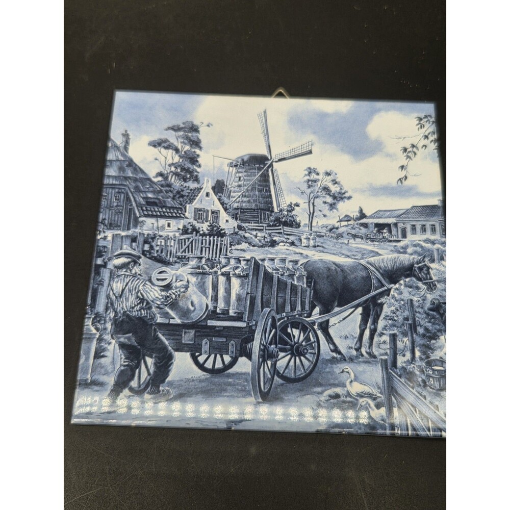 Dutch Ceramic Tile Wall Art Vintage Ter Steege Holland Cheese Making Scene Blue